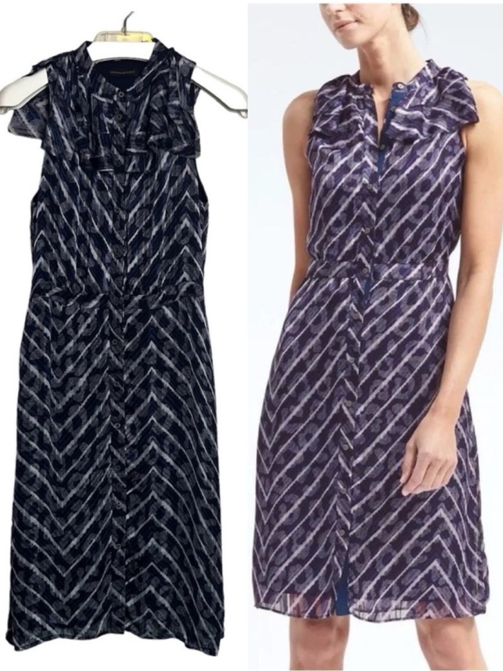 BANANA REPUBLIC Navy Blue Chevron Print Ruffle Button Front Dress Sleeveless